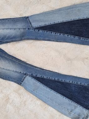 Bridge by GLY Three Tone Flare Jeans Colorblock Raw Hem High Rise Women’s 28"
